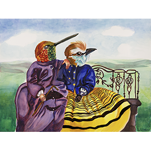 Painting of a Bird headed couple sitting on a bench